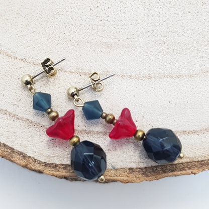 Blue/red Czech glass earrings