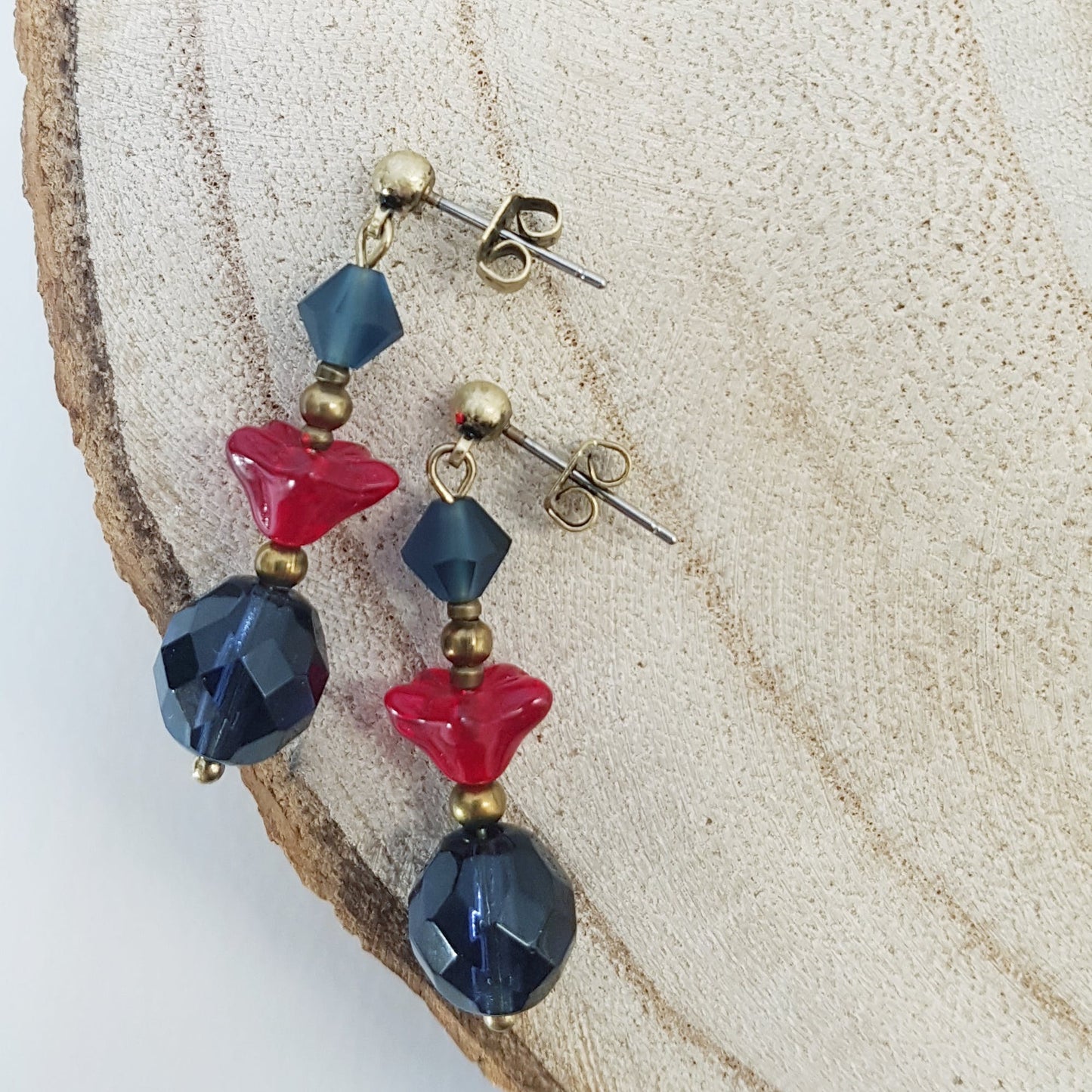Blue/red Czech glass earrings