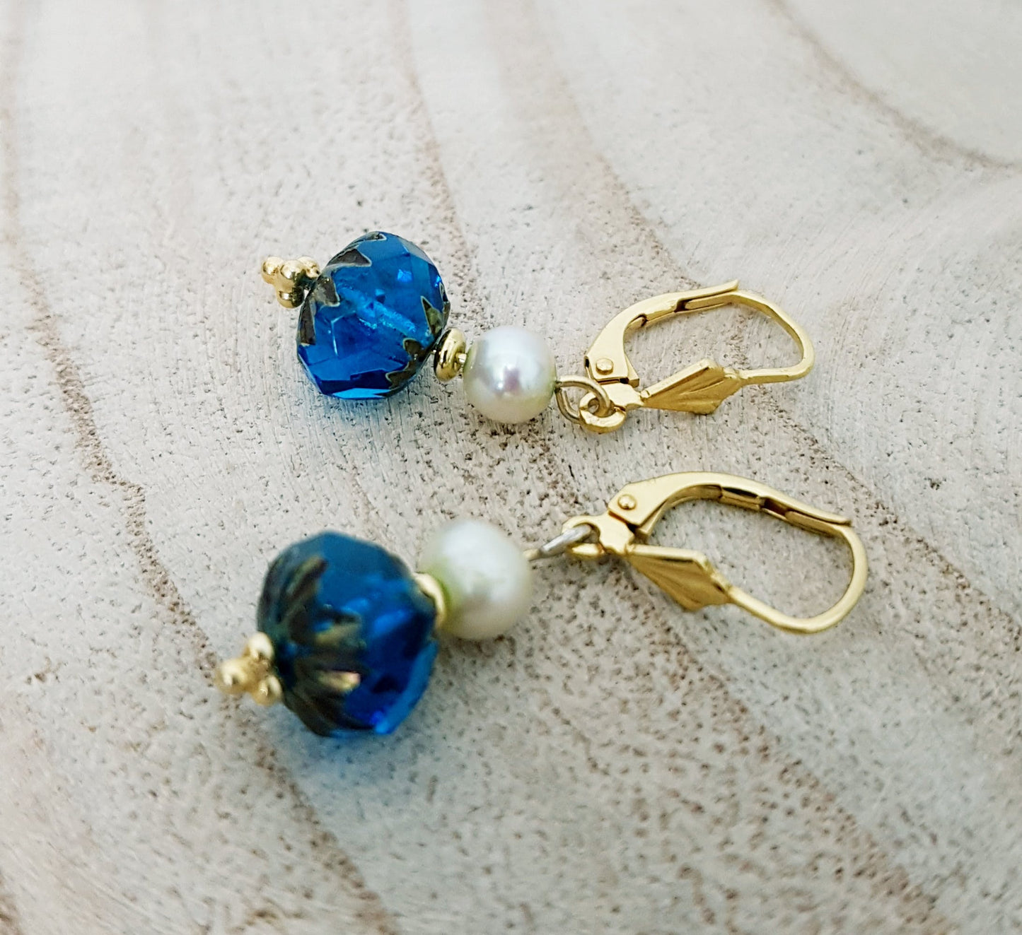 Blue Czech glass earrings/white pearl