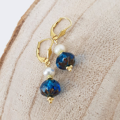 Blue Czech glass earrings/white pearl