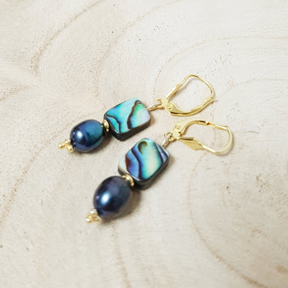 Mother of pearl earrings/rectangle green blue