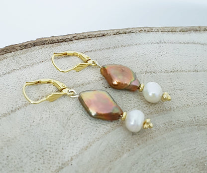 Orange freshwater pearl earrings/ diamond shaped