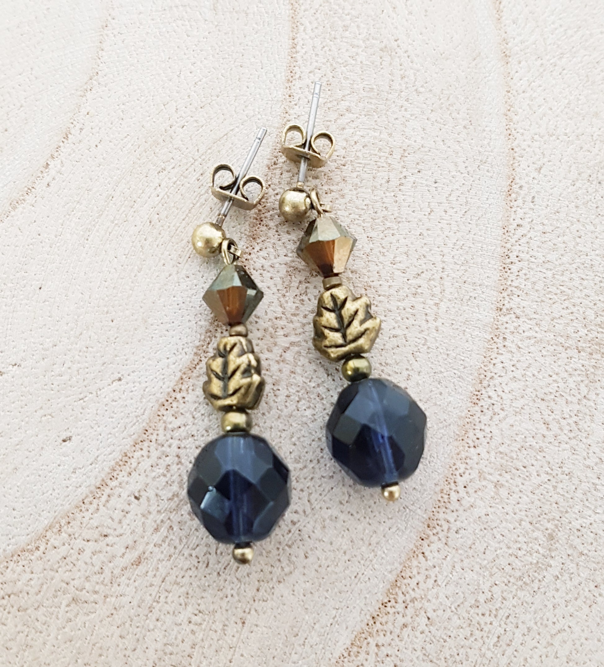 Ace of Cups Jewellery Bronze leaf earrings/dark blue