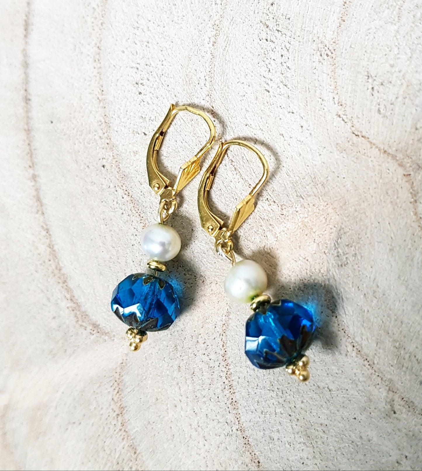 Ace of Cups Jewellery Blue Czech glass earrings/white pearl