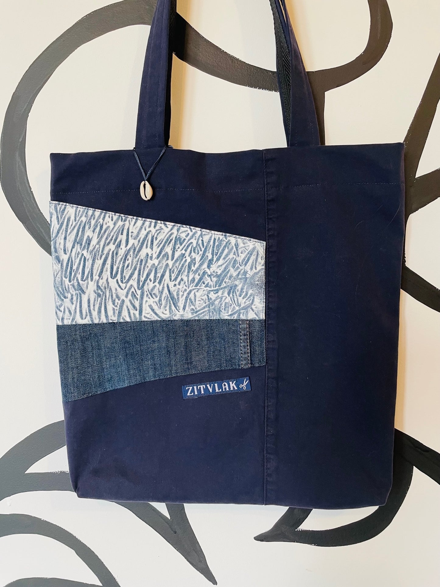 Zitvlak Upcycled handmade bag. Denim/seaprint